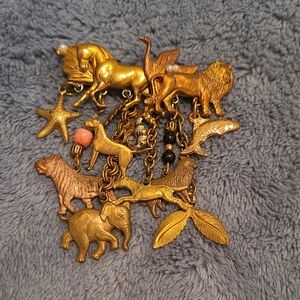 Brass, Copper And Goldtone Animal Menagerie Charm Brooch